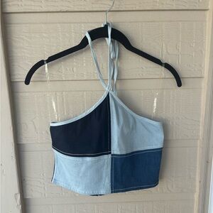 Denim patchwork halter crop top
